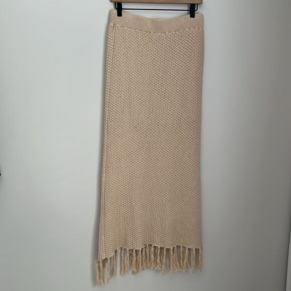 NWT Vestique Beige Knit Midi Skirt with Fringe Hem Side Slit Size L 100% Cotton - Picture 4 of 12